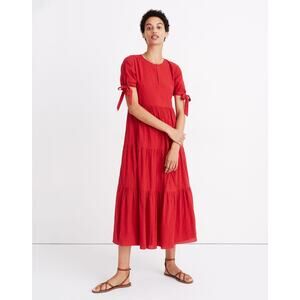 Madewell Red Tie-Sleeve Tiered Midi Dress in Swiss Dot Bright Ember XS